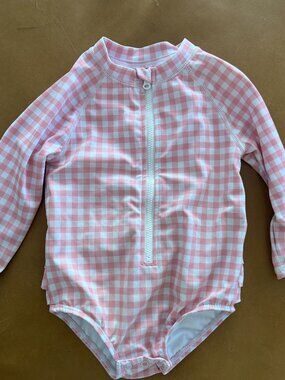 Janie and Jack Bathing Suit 6-12 months Pink White Gingham